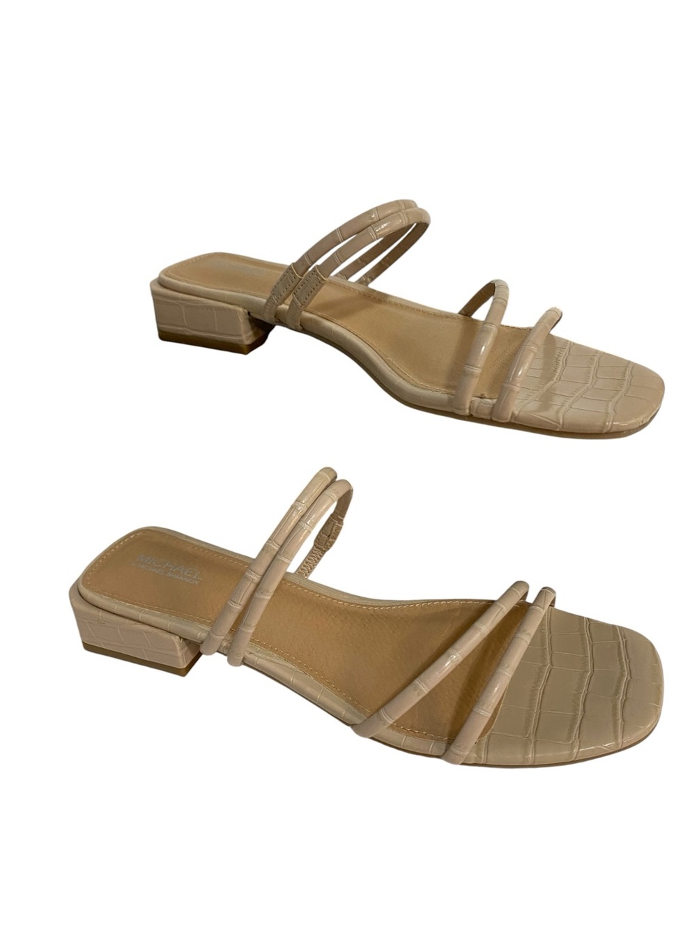 Michael Shannon Nude Croc-Embossed Triple-Strap Low Block Heel Sandals